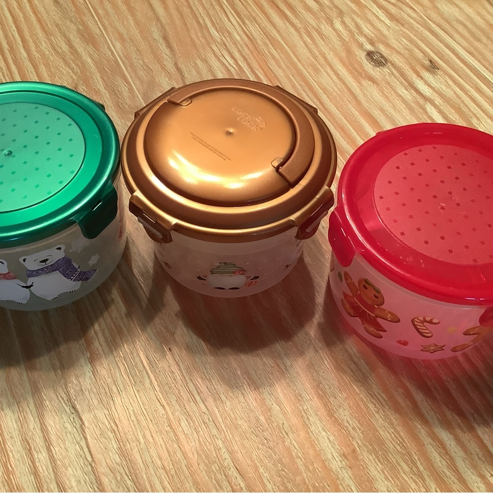 Set of 3 Festive Round Snack Containers - Green, Gold, Red Lids